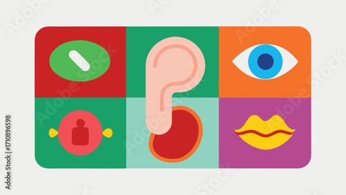 Five senses illustration showing sight hearing smell taste and touch in squares