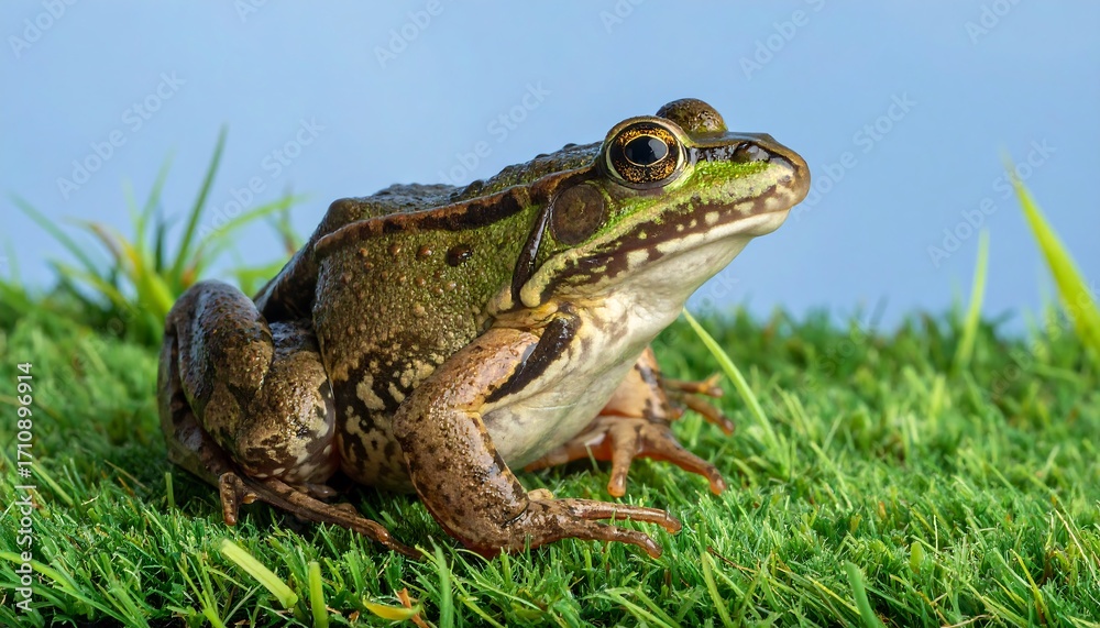Obraz premium A close-up view of a frog resting on a patch of artificial grass against a soft light-blue backdrop.