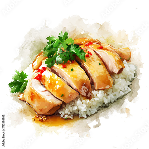 Hainanese Chicken Rice, watercolor painting, vector illustration, isolated on a white background.