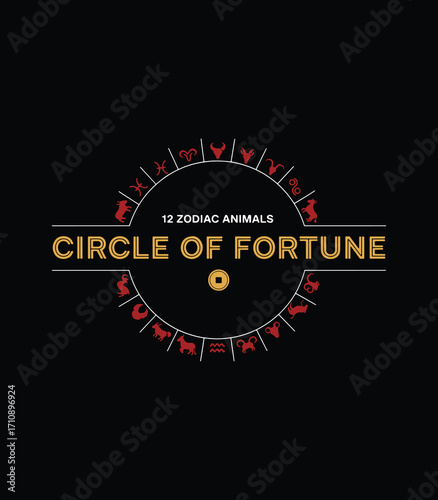 Circle of Fortune – Chinese Zodiac Wheel with 12 Animal Silhouettes in Red and Gold on Black Background