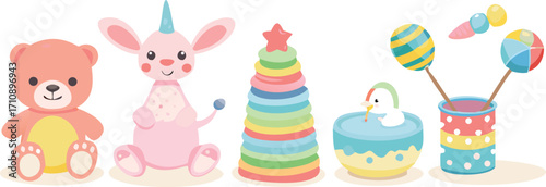 Colorful Easter eggs with a cute pink bunny toy on a white background for a spring holiday celebration