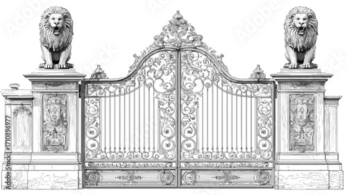 Majestic Lion Statues on Ornate Wrought Iron Gate in Vineyard Entrance