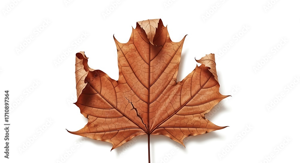 Obraz premium Dried Brown Maple Leaf Isolated on White Background for Autumn Decor or Nature Themes