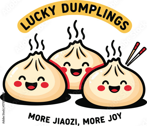 Lucky Dumplings – Cute Steamed Jiaozi Illustration with Smiling Faces, Chopsticks, and Joyful Lunar New Year Quote