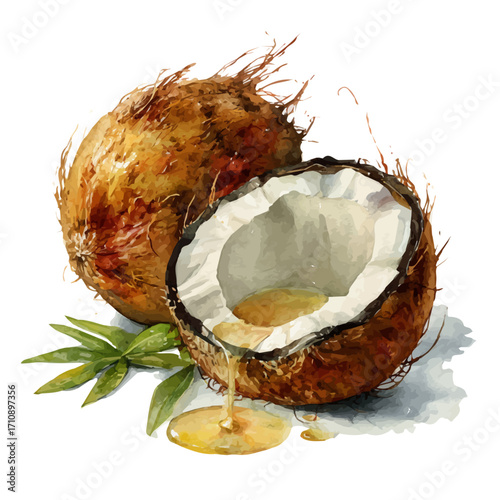 A watercolor painting of Coconut, vector illustration on white background.