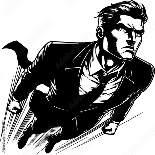 Business Superhero: A dynamic, high-contrast illustration portrays a powerful figure in a business suit soaring through the air, epitomizing strength and determination. 