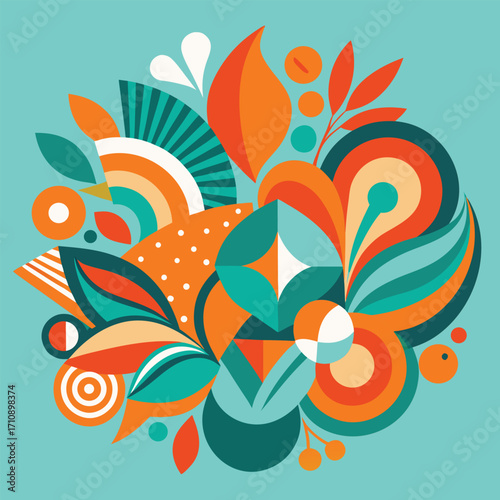 A colorful arrangement of abstract shapes in turquoise and orange, creating a vibrant, modern design suitable for backgrounds or creative projects 