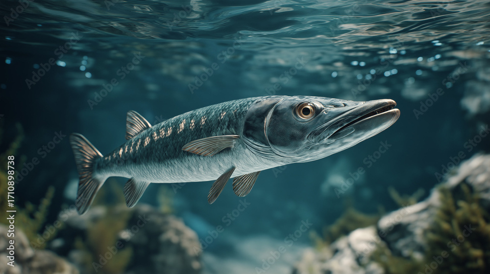 Naklejka premium Barracuda swimming underwater with rocks