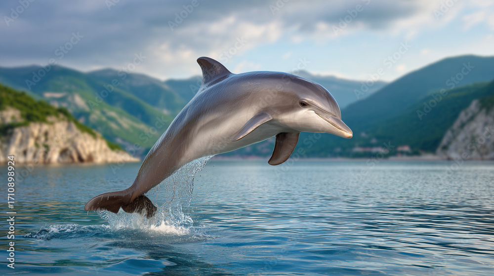 Obraz premium Dolphin jumping out of water against coastal background 