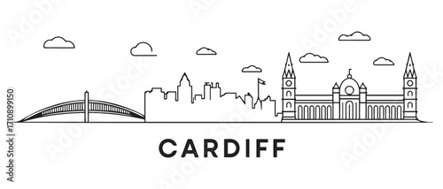Cardiff Line Art skyline horizontal banner. Cardiff, Wales. Vector template for your design. with white background
