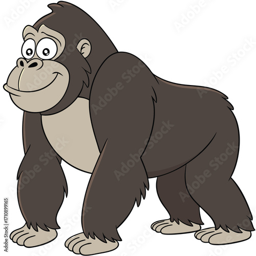 A cartoon gorilla with dark brown fur, beige face and chest, standing on all fours, smiling with large eyes and exaggerated friendly features.