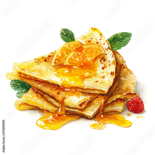 Crepes Suzette in watercolor style, vector illustration, isolated on white background.