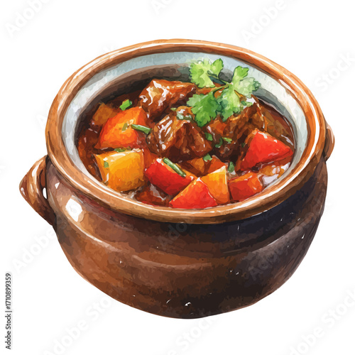 Watercolor vector illustration of Goulash, isolated on white background.