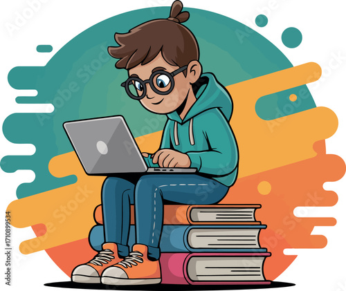 A young person, wearing glasses and a hoodie, sits atop a stack of colorful books, engrossed in their laptop. 