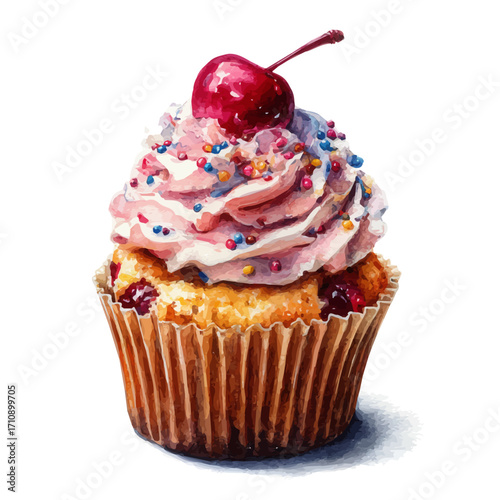 Watercolor vector illustration of Cupcake, isolated on white background.