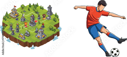 Fantasy floating island with medieval buildings and flags beside soccer player kicking ball, genre contrast, sports, gaming, action, motion
