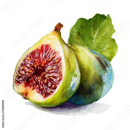 Watercolor vector illustration of Fig, isolated on white background.