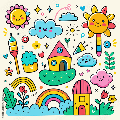 “Cute Kids Crayon Hand Drawn Doodle Background with Rainbow, Sun, House, Cat and Flowers”