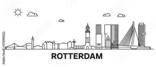 Rotterdam Line Art skyline horizontal banner. Rotterdam, Netherlands. Vector template for your design. with white background