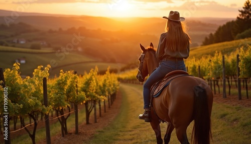 Lady on horseback ride through vineyard at sunset. Girl in hat riding horse in agriculture field. Woman enjoy rural nature journey. Beautiful warm scenery outdoor. Travel and vacation concept.