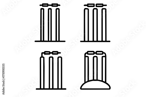 Cricket wicket set illustrations feature four variations of a cricket wicket, each with three vertical stumps topped