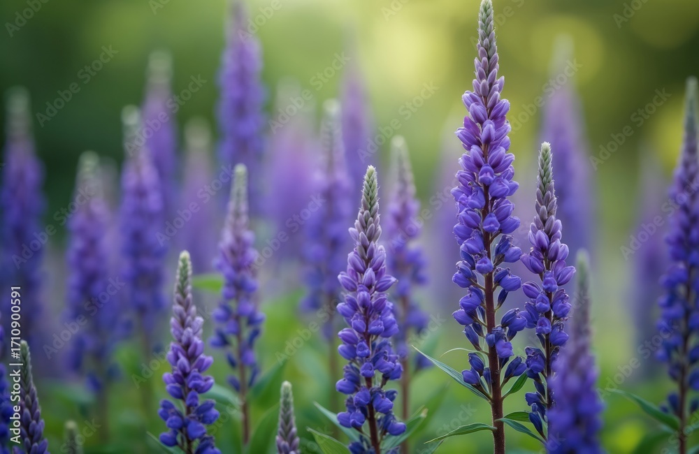 Obraz premium Field of blooming purple veronica flowers. Tall spiky inflorescences grow densely. Soft green background, gentle sunlight. Nature, flora, summer season.