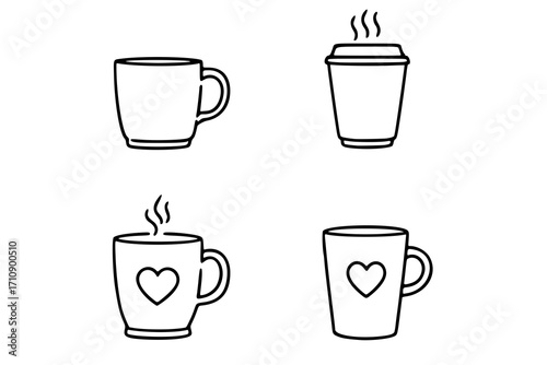 Four black and white cup icons are displayed. The top left icon is a simple mug with a handle