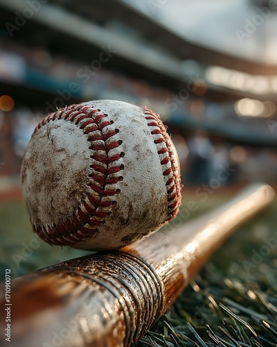 Worn baseball closeup with vintage bat high resolution picture
