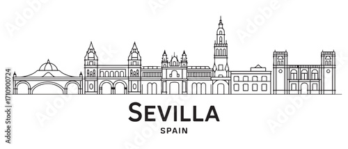 Sevilla Line Art skyline horizontal banner. Sevilla, Spain. Vector template for your design. with white background