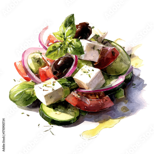 A watercolor painting of Greek Salad, vector illustration on white background.
