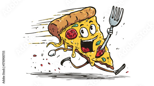 Funny Cartoon Sketch of Pizza Slice Running from Fork - Humorous Food Illustration