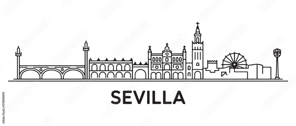 Obraz premium Sevilla Line Art skyline horizontal banner. Sevilla, Spain. Vector template for your design. with white background