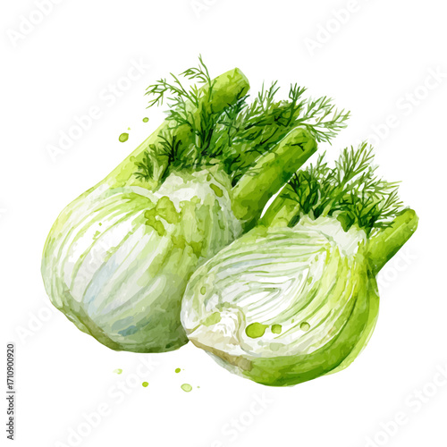 Fennel Salad, watercolor painting, vector illustration, isolated on a white background.