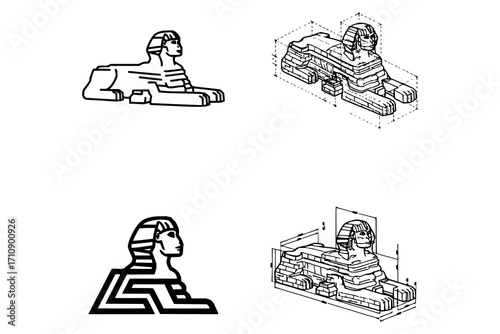 Four stylized illustrations of the Great Sphinx of Giza in Egypt. The top left shows a simple line drawing