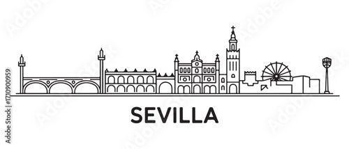 Sevilla Line Art skyline horizontal banner. Sevilla, Spain. Vector template for your design. with white background