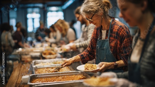 A group of volunteers serving Thanksgiving dinner at a community shelter. The scene emphasizes community spirit and giving back. Socially conscious, documentary style, impactful. 