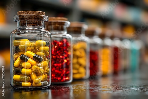 Assorted capsules inside transparent medicine jars high resolution picture