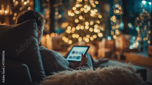 A person sitting comfortably on a sofa, shopping online for holiday gifts on a tablet during Cyber Monday. The room is decorated with early Christmas lights. Cozy, modern, e-commerce concept. 