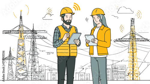 Professional Engineers Utilizing Radio and Tablet Devices for Communication and Data Analysis