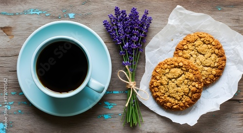 Rustic Coffee Setup with Lavender and Blue Painted Wooden Surface