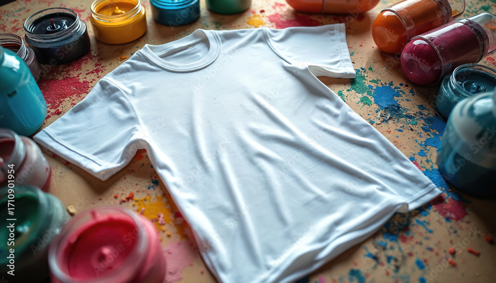 Fototapeta premium Blank white shirt lies surrounded by open paint jars. Creative process. Colorful splashes background. Ready to personalized with diy designs. T-shirt design mockup. Colorful textile industry painting