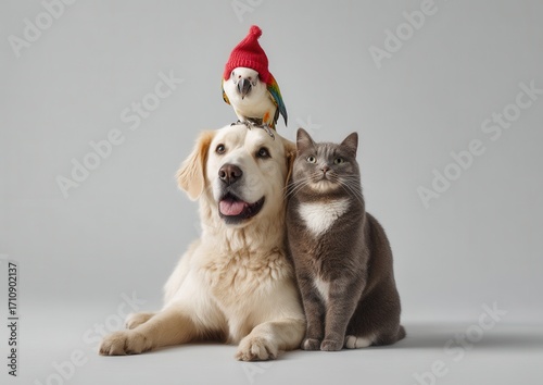 Minimalist Christmas pet portrait with dog, cats and parrot in festive composition, beige background with golden confetti, veterinary and pet shop concept for mailing greetings and commercials