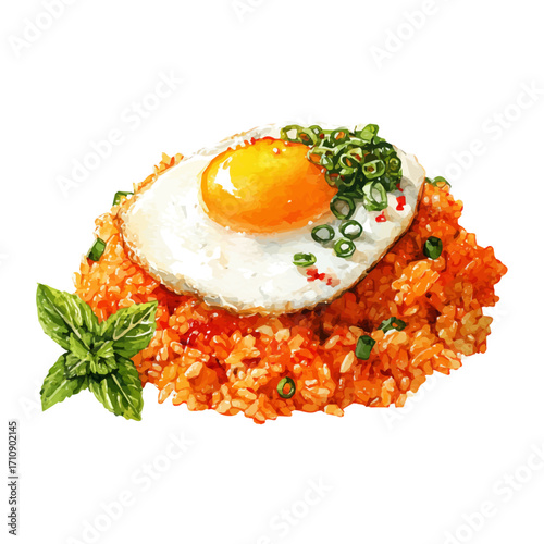 Watercolor vector illustration of Kimchi Fried Rice, isolated on white background.