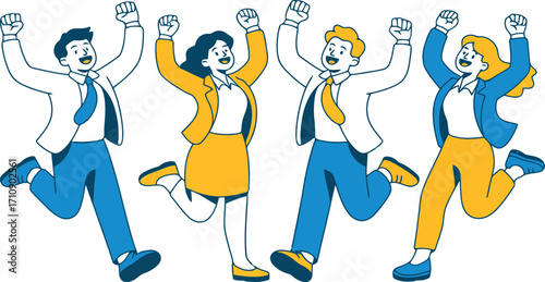 Four cheerful individuals, two men and two women, are depicted jumping with their arms raised in an enthusiastic display.