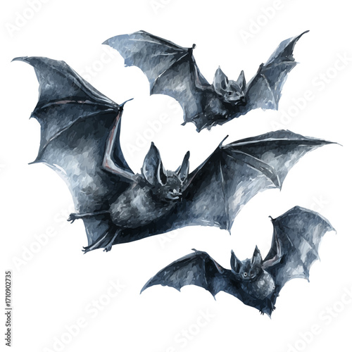 Halloween Bats in watercolor style, vector illustration, isolated on white background.