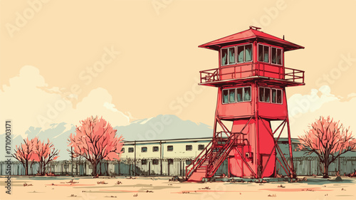 Secure Territory Protection at Prison Tower Check - Surveillance Concept