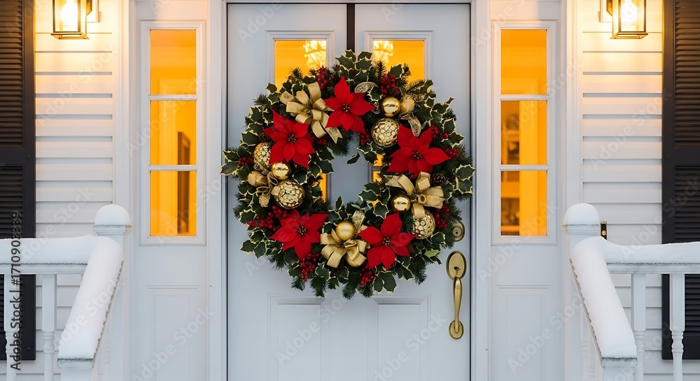 Naklejka premium American Christmas Wreath with Poinsettias and Holly Leaves