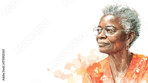 Elegant Senior Black Woman with Glasses - Watercolor Portrait