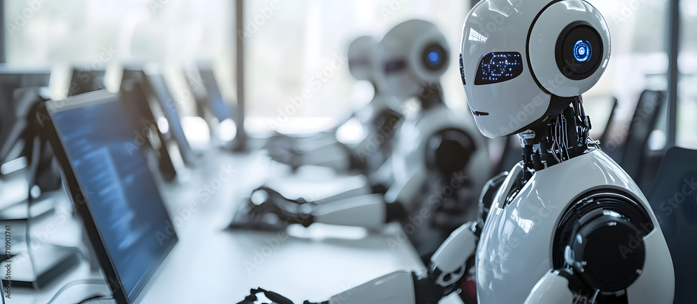 Fototapeta premium Robots are working in an office using computers, representing advanced technology and automation.