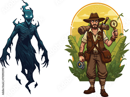 Ghostly shadow with glowing blue eyes beside jungle explorer holding compass and magnifying glass, genre contrast, mystery, adventure, quest, discovery
